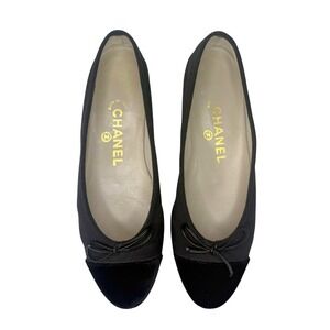 Chanel Black Grosgrain and Velvet Bow Ballet Flats